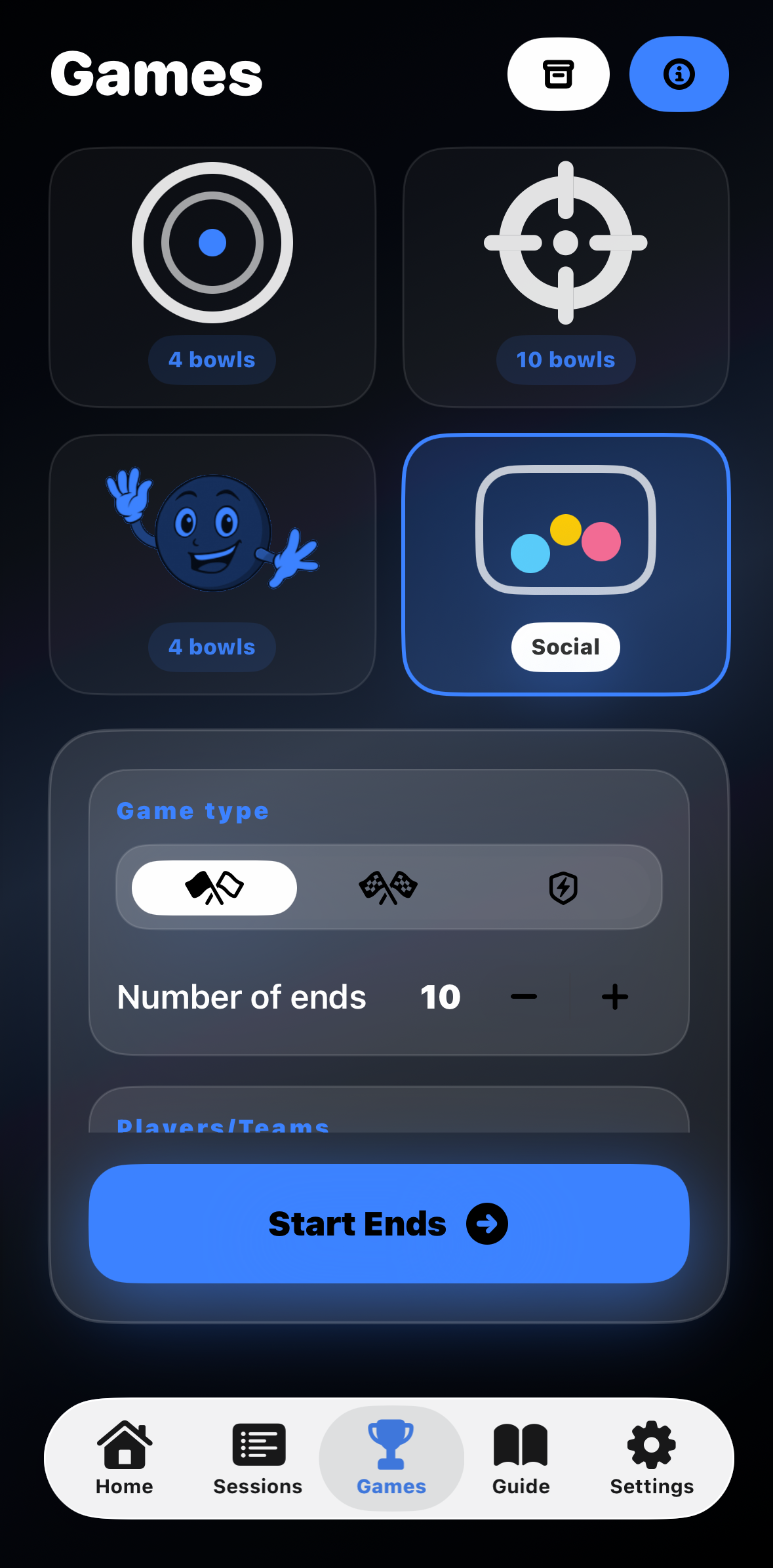 BowlsIQ games menu with target, challenge, Bowls Buddies, and social play options